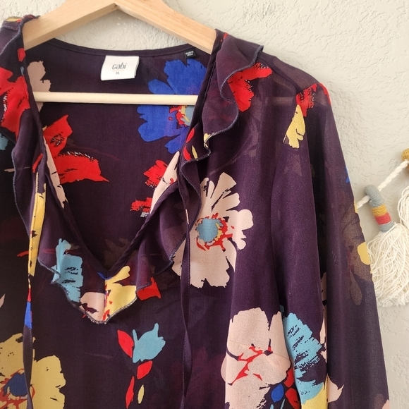 Cabi Juliet Ruffle Semi Sheer Floral Long Sleeve Top Business Casual Modest M - Picture 4 of 11